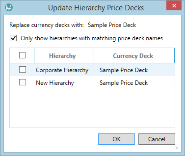 Update Hierarchy Price Decks window